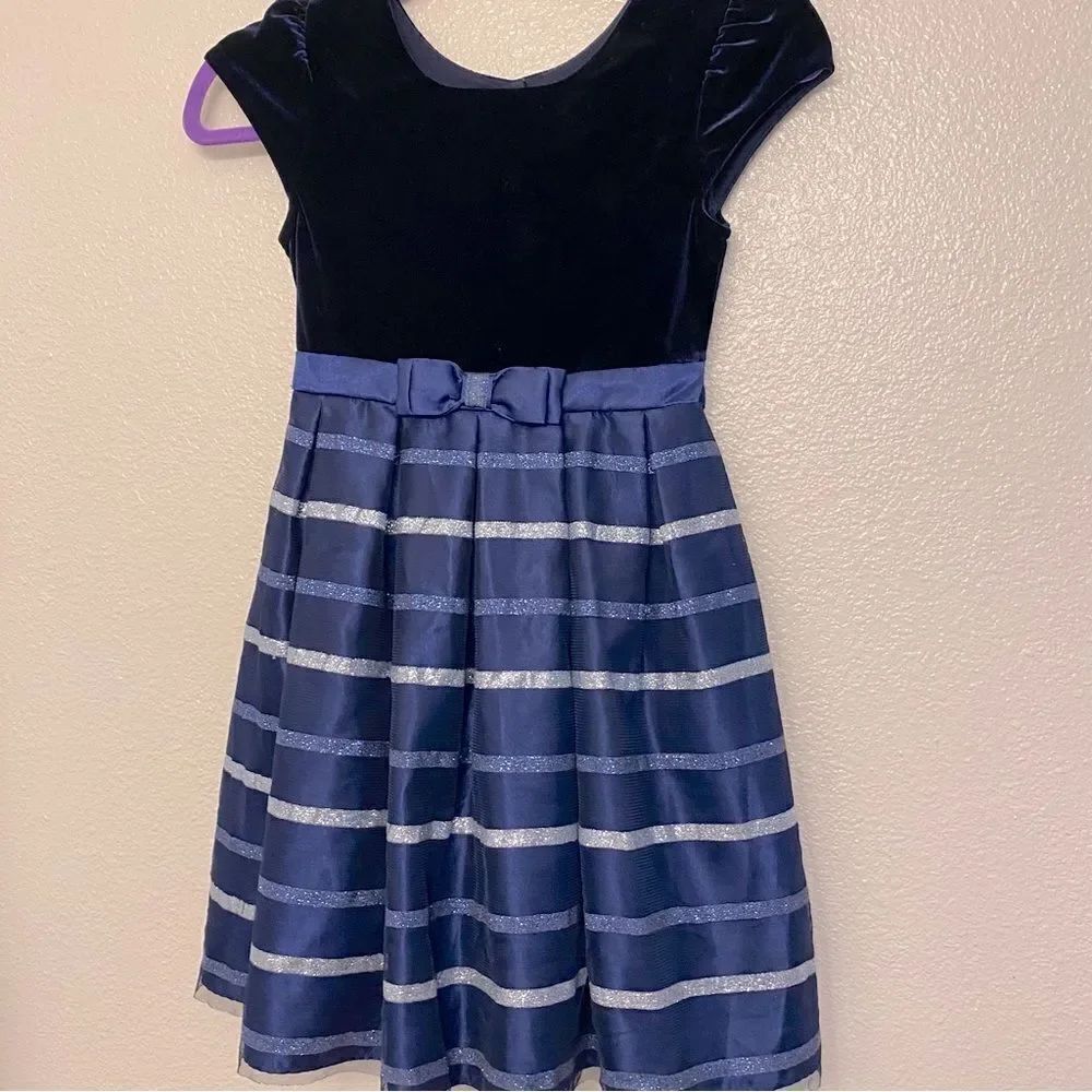 Jona Michelle navy blue velvet stripe holiday Christmas formal Dress girls 7